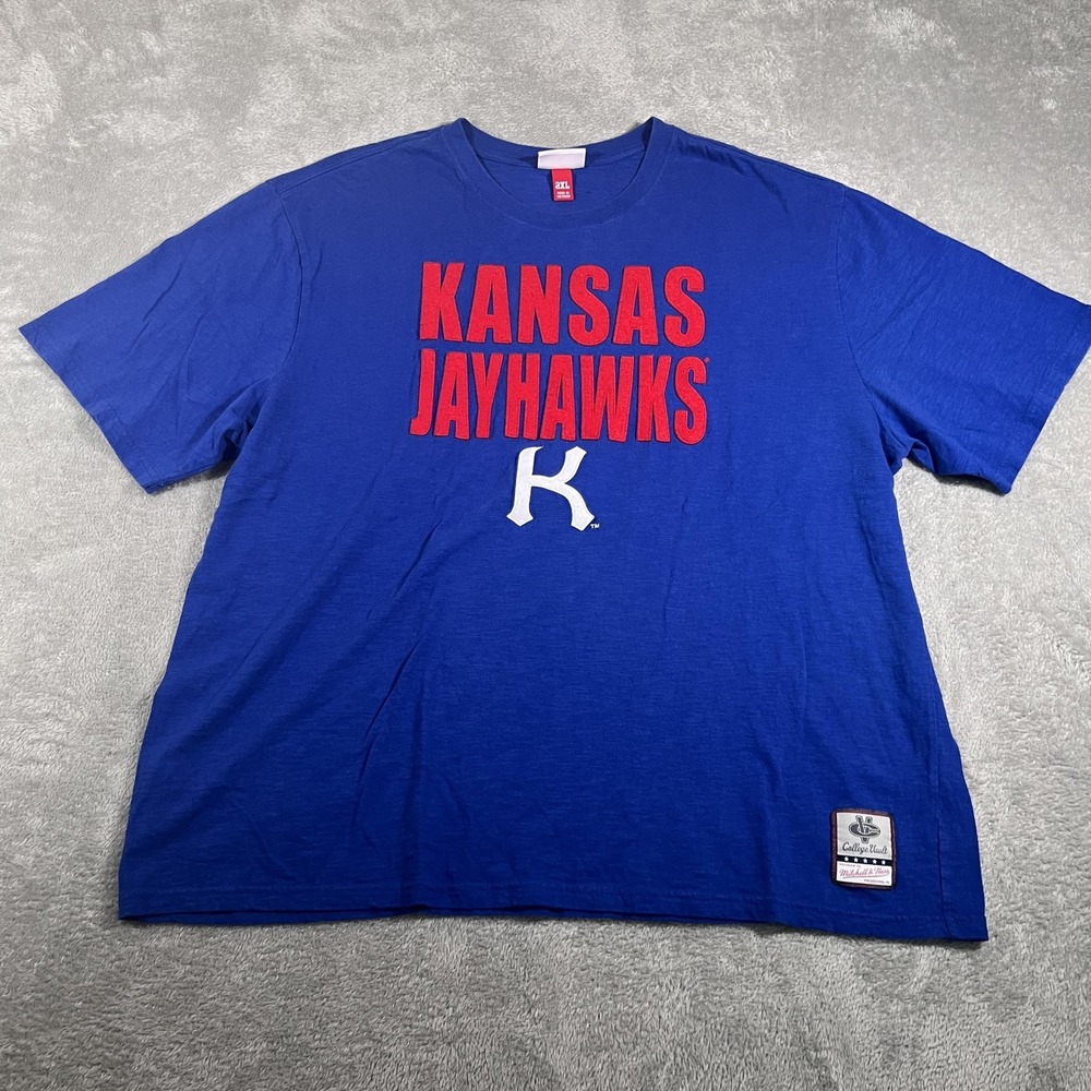 Kansas Jayhawks T-Shirt Mens 2XL Blue Basketball College Embroidered Mitchell